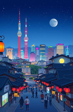 A vibrant and detailed illustration of Seoul city skyline at night, highlighting iconic landmarks like the N Seoul Tower and Lotte World Tower