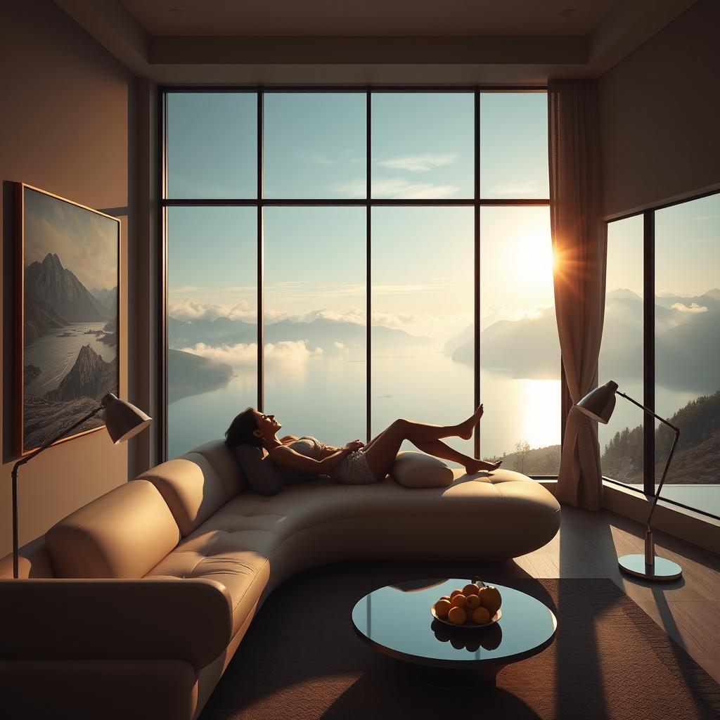 A contemporary, exceptionally wide living room featuring a panoramic window that offers a stunning view of a lake flanked by mountains and clouds