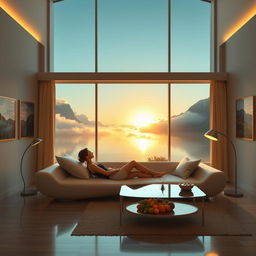 A contemporary, exceptionally wide living room featuring a panoramic window that offers a stunning view of a lake flanked by mountains and clouds