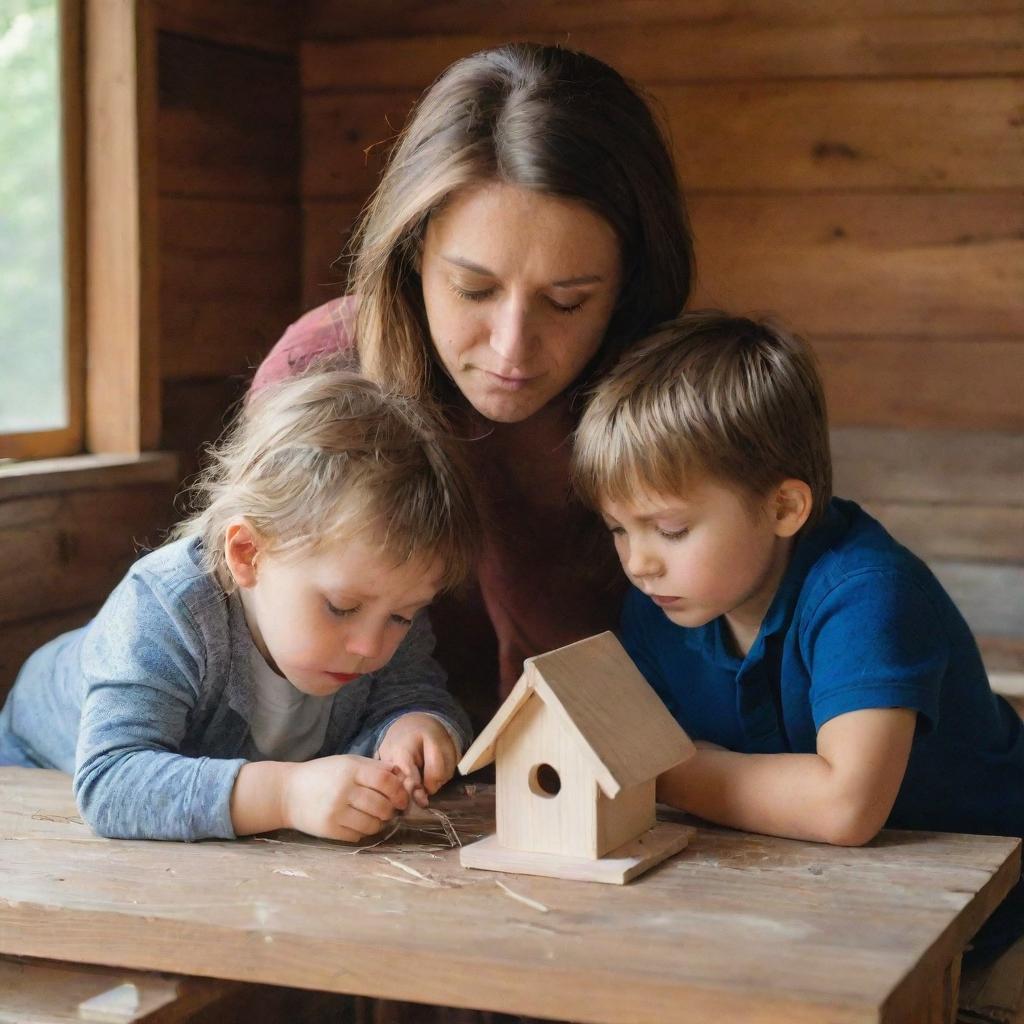 In the wooden house interior, a brown-haired mother and her son are tenderly building a small birdhouse for the fallen bird. Their faces are filled with concentration and care.