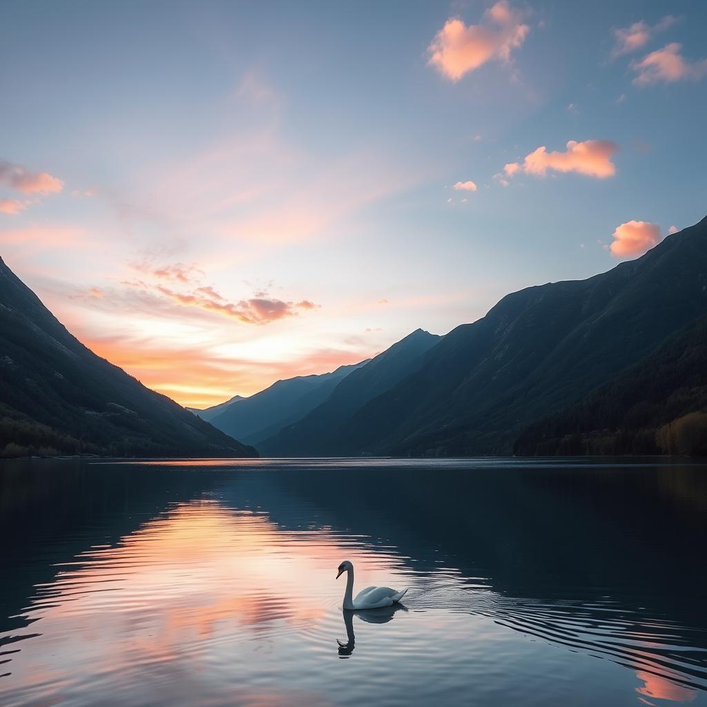 a serene sunrise over a tranquil lake, surrounded by lush green mountains, with a single swan gracefully gliding on the water, under a sky painted in pink and orange hues