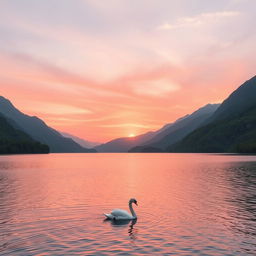 a serene sunrise over a tranquil lake, surrounded by lush green mountains, with a single swan gracefully gliding on the water, under a sky painted in pink and orange hues