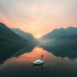 a serene sunrise over a tranquil lake, surrounded by lush green mountains, with a single swan gracefully gliding on the water, under a sky painted in pink and orange hues