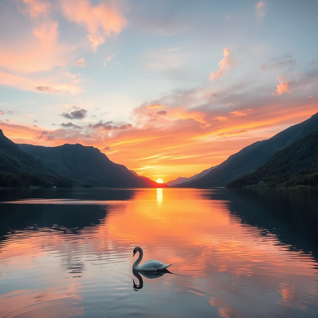 a serene sunrise over a tranquil lake, surrounded by lush green mountains, with a single swan gracefully gliding on the water, under a sky painted in pink and orange hues