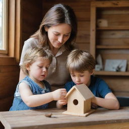 In the wooden house interior, a brown-haired mother and her son are tenderly building a small birdhouse for the fallen bird. Their faces are filled with concentration and care.