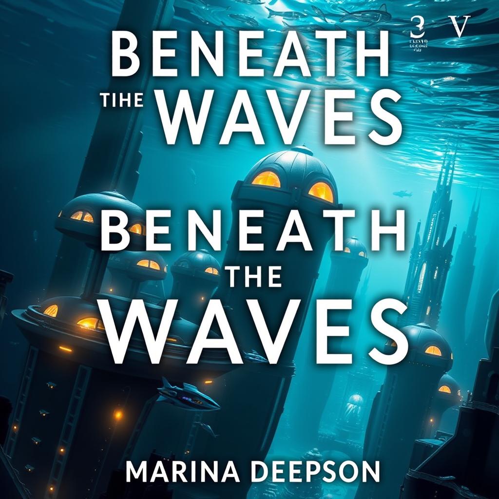 A captivating book cover for "Beneath the Waves" by Marina Deepson, featuring an underwater scene of a futuristic submarine city