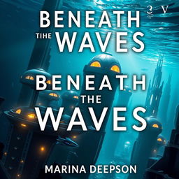 A captivating book cover for "Beneath the Waves" by Marina Deepson, featuring an underwater scene of a futuristic submarine city