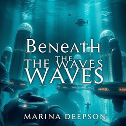 A captivating book cover for "Beneath the Waves" by Marina Deepson, featuring an underwater scene of a futuristic submarine city