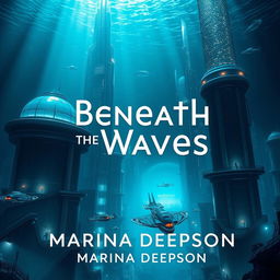 A captivating book cover for "Beneath the Waves" by Marina Deepson, featuring an underwater scene of a futuristic submarine city