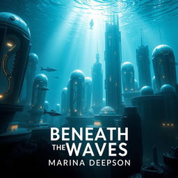 A captivating book cover for "Beneath the Waves" by Marina Deepson, featuring an underwater scene of a futuristic submarine city