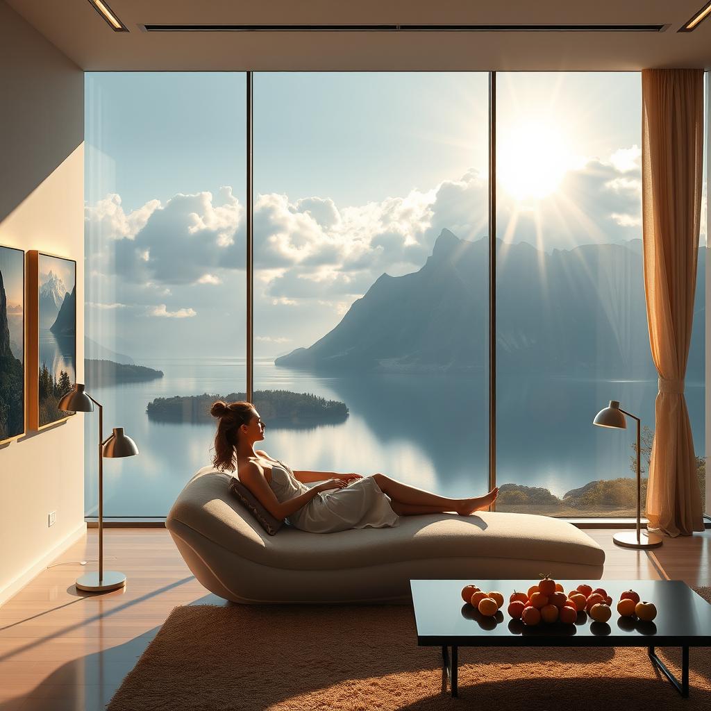 A contemporary, exceptionally wide living room featuring a panoramic window that frames an awe-inspiring view of a tranquil lake surrounded by majestic mountains and clouds