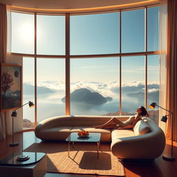 A contemporary, exceptionally wide living room featuring a panoramic window that frames an awe-inspiring view of a tranquil lake surrounded by majestic mountains and clouds