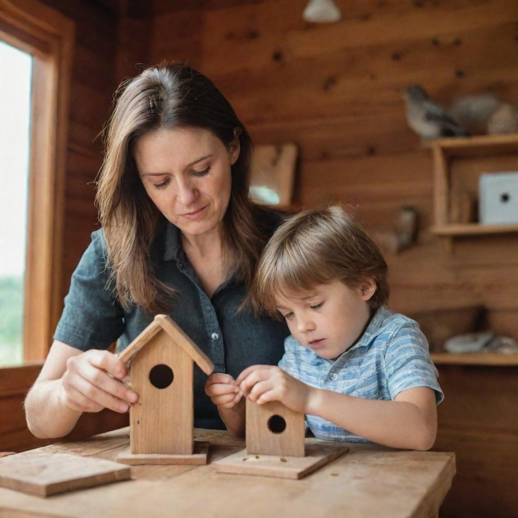 In the wooden house interior, a brown-haired mother and her son are tenderly building a small birdhouse for the fallen bird. Their faces are filled with concentration and care.