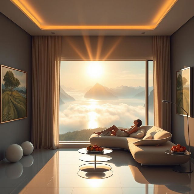 A contemporary, exceptionally wide living room featuring a panoramic window that frames an awe-inspiring view of a tranquil lake surrounded by majestic mountains and clouds