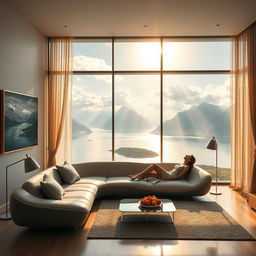 A contemporary, exceptionally wide living room featuring a panoramic window that frames an awe-inspiring view of a tranquil lake surrounded by majestic mountains and clouds