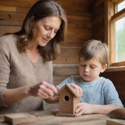 In the wooden house interior, a brown-haired mother and her son are tenderly building a small birdhouse for the fallen bird. Their faces are filled with concentration and care.