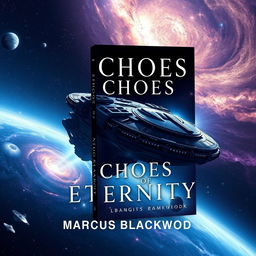 Book cover design for "Echoes of Eternity" by Marcus Blackwood: an epic space opera theme featuring a massive starship floating in the vastness of space