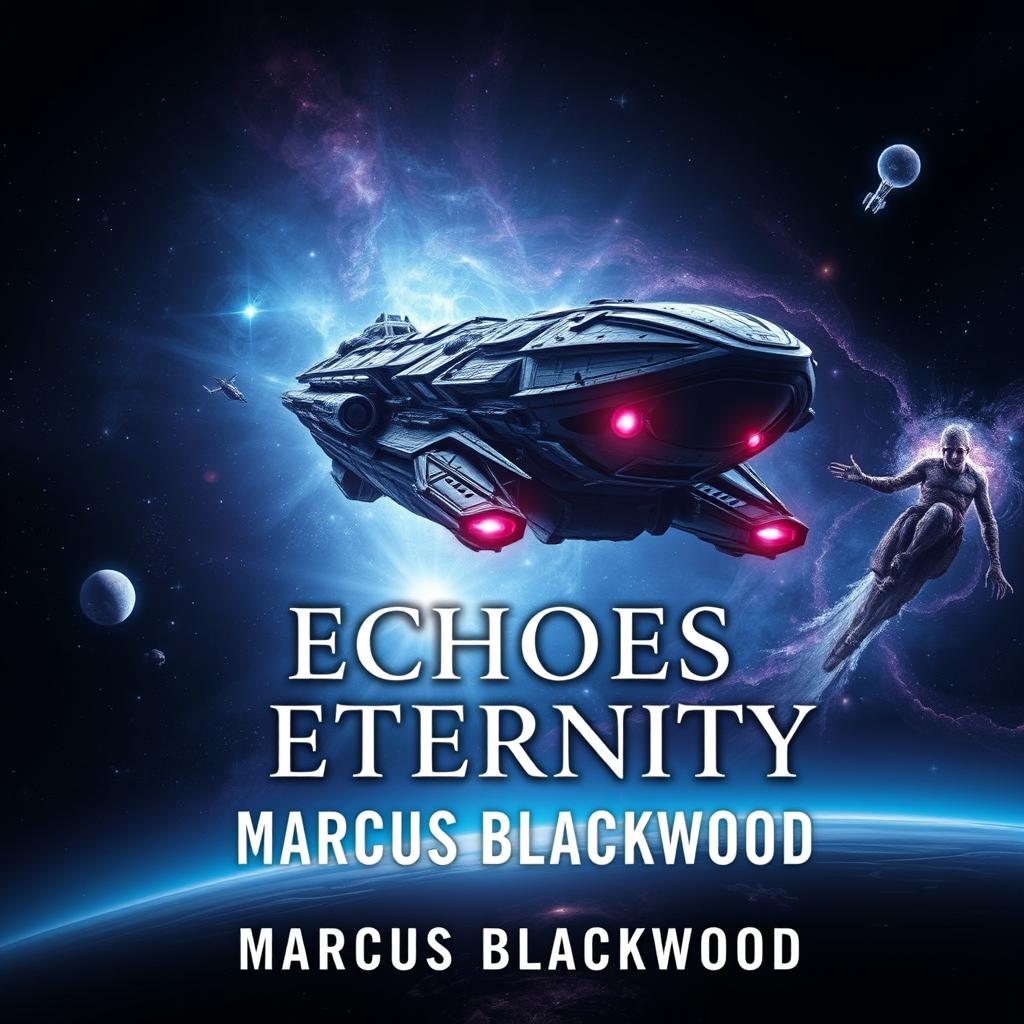 Book cover design for "Echoes of Eternity" by Marcus Blackwood: an epic space opera theme featuring a massive starship floating in the vastness of space