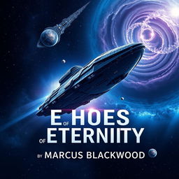 Book cover design for "Echoes of Eternity" by Marcus Blackwood: an epic space opera theme featuring a massive starship floating in the vastness of space