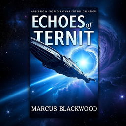 Book cover design for "Echoes of Eternity" by Marcus Blackwood: an epic space opera theme featuring a massive starship floating in the vastness of space