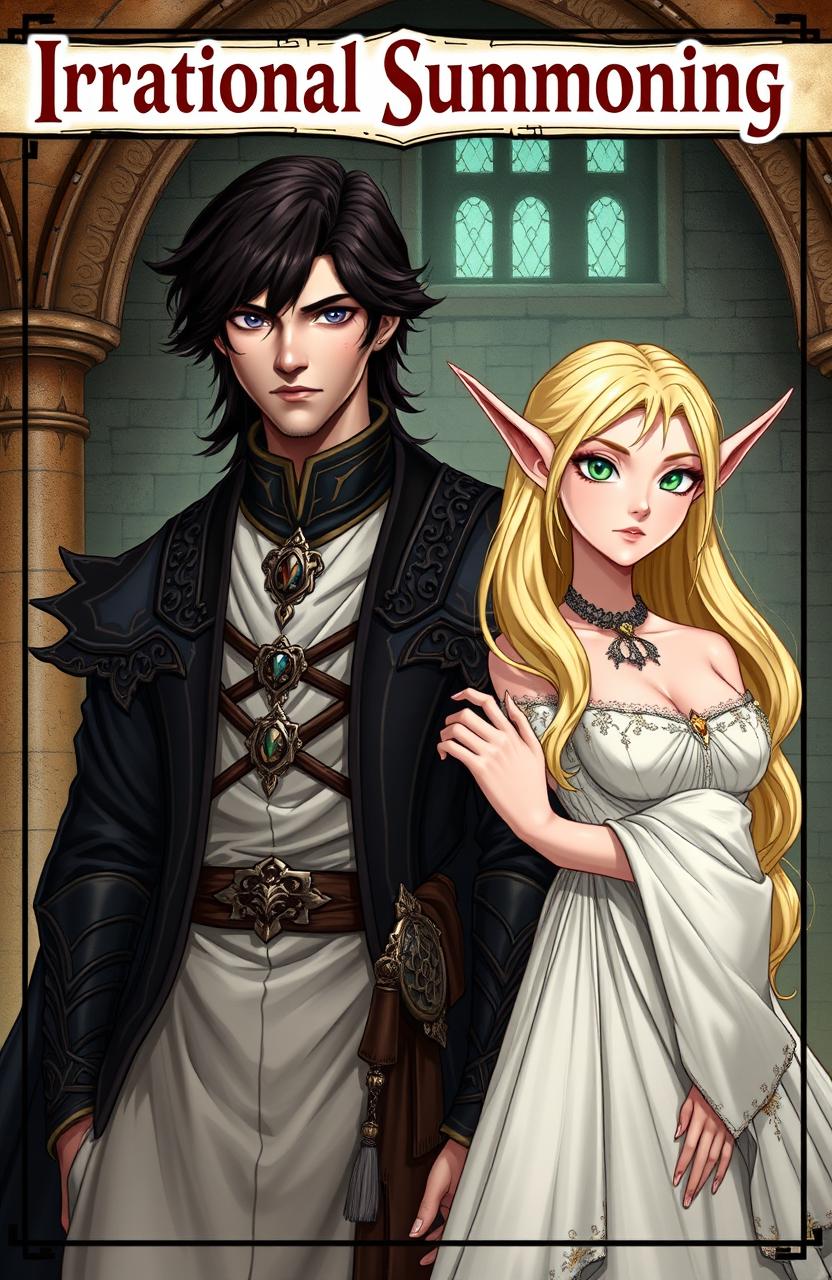 A semi-realistic illustration featuring a dark-haired, black-eyed man in intricate medieval attire standing beside a blonde, green-eyed elf dressed in an elegant white gown