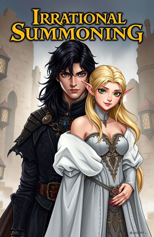 A semi-realistic illustration featuring a dark-haired, black-eyed man in intricate medieval attire standing beside a blonde, green-eyed elf dressed in an elegant white gown