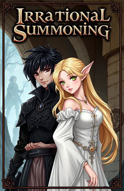 A semi-realistic illustration featuring a dark-haired, black-eyed man in intricate medieval attire standing beside a blonde, green-eyed elf dressed in an elegant white gown