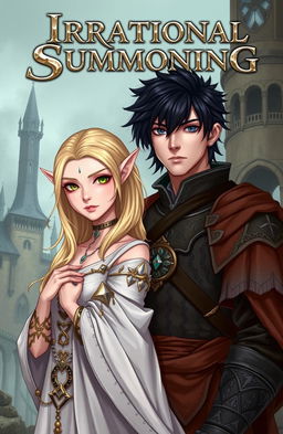 A semi-realistic illustration featuring a dark-haired, black-eyed man in intricate medieval attire standing beside a blonde, green-eyed elf dressed in an elegant white gown