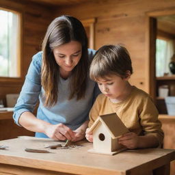 A caring brown-haired mother and her son, deeply focused and working together to craft a small birdhouse inside their cozy wooden home for the fallen bird.