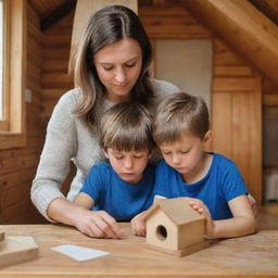 A caring brown-haired mother and her son, deeply focused and working together to craft a small birdhouse inside their cozy wooden home for the fallen bird.