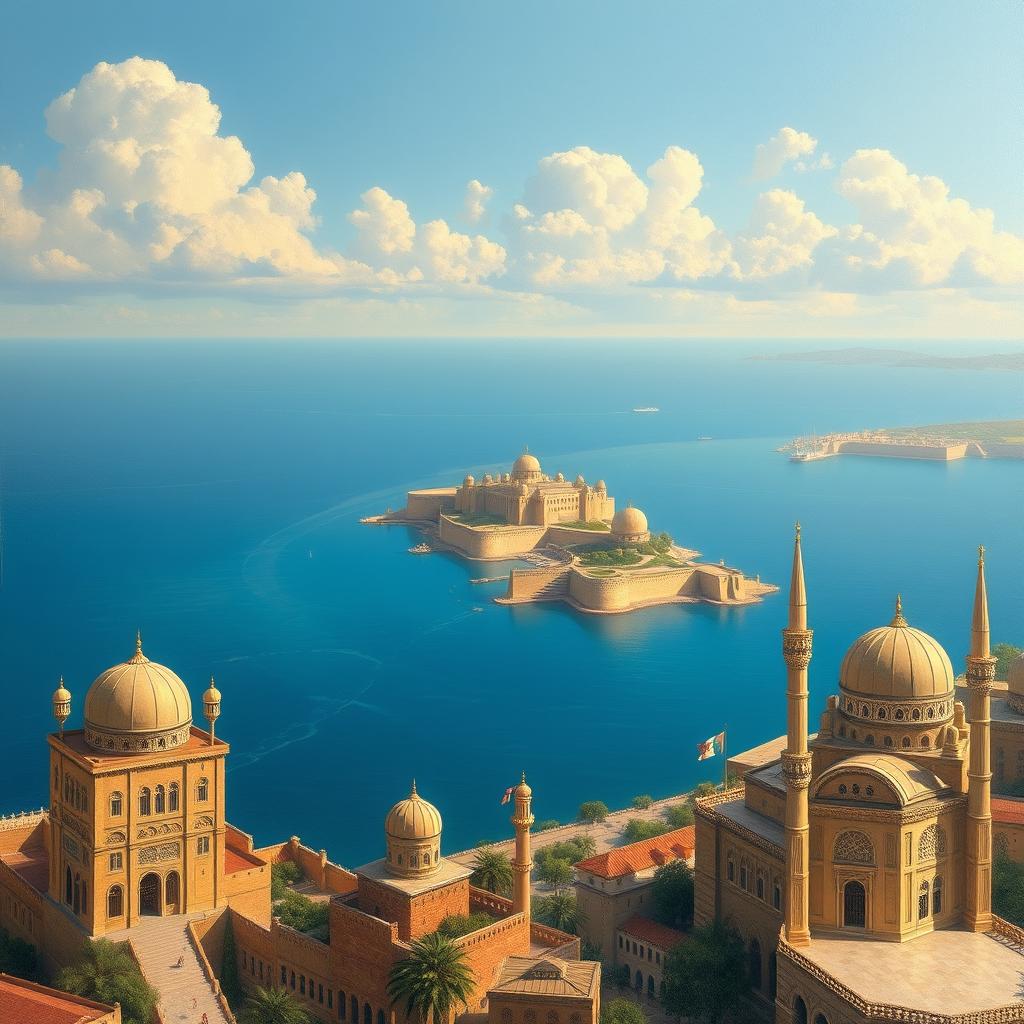 A breathtaking oil painting-style cover set in 1700s Alexandria, Egypt, showcasing the beautiful coastal scenery