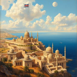 A breathtaking oil painting-style cover set in 1700s Alexandria, Egypt, showcasing the beautiful coastal scenery