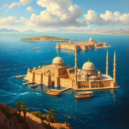 A breathtaking oil painting-style cover set in 1700s Alexandria, Egypt, showcasing the beautiful coastal scenery