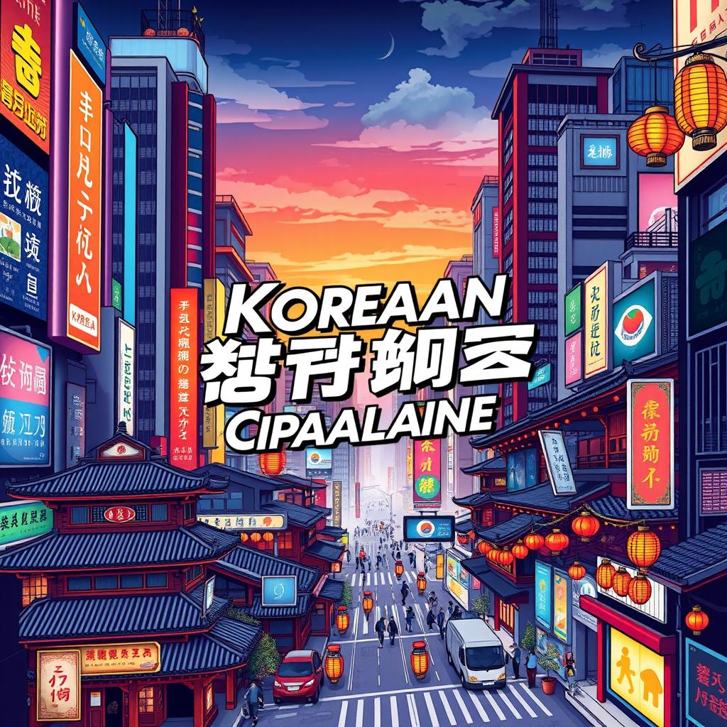 Book cover design for "Korean City Palane": a vibrant urban theme celebrating the essence of a bustling Korean city