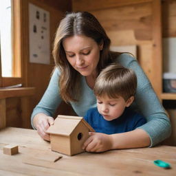 A caring brown-haired mother and her son, deeply focused and working together to craft a small birdhouse inside their cozy wooden home for the fallen bird.