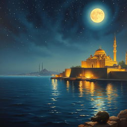 A detailed oil painting capturing the serene beauty of 1700s Alexandria, Egypt at night