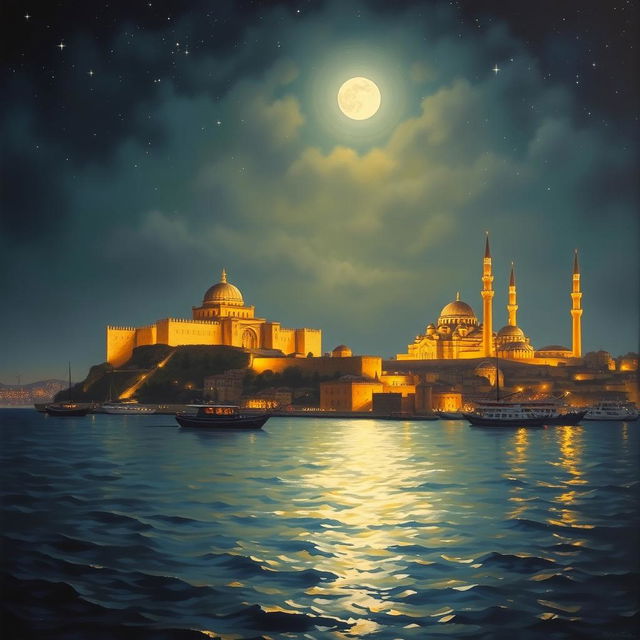 A detailed oil painting capturing the serene beauty of 1700s Alexandria, Egypt at night