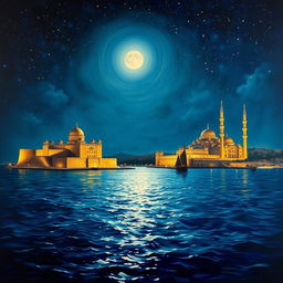 A detailed oil painting capturing the serene beauty of 1700s Alexandria, Egypt at night