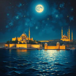 A detailed oil painting capturing the serene beauty of 1700s Alexandria, Egypt at night