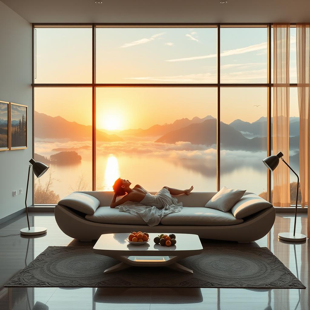 A contemporary, exceptionally wide living room featuring a panoramic window that offers a stunning view of a lake flanked by mountains and clouds