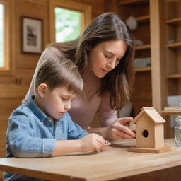 A caring brown-haired mother and her son, deeply focused and working together to craft a small birdhouse inside their cozy wooden home for the fallen bird.