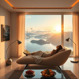 A contemporary, exceptionally wide living room featuring a panoramic window that offers a stunning view of a lake flanked by mountains and clouds