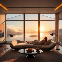 A contemporary, exceptionally wide living room featuring a panoramic window that offers a stunning view of a lake flanked by mountains and clouds