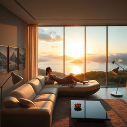 A contemporary, exceptionally wide living room featuring a panoramic window that offers a stunning view of a lake flanked by mountains and clouds