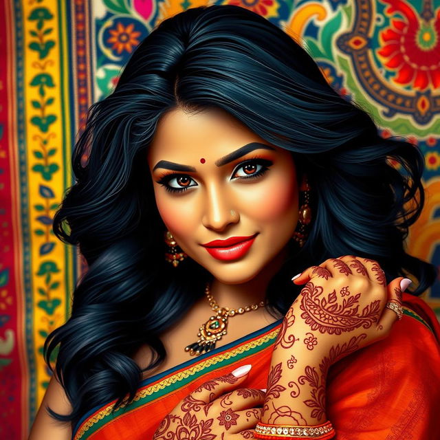 A portrait of an Indian woman with voluptuous curves and a confident expression