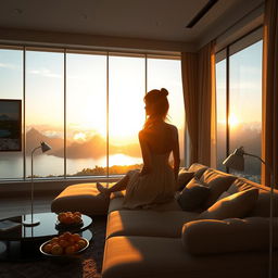 A modern, spacious living room with a panoramic window showcasing a breathtaking view of a lake with surrounding mountains and clouds