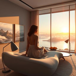 A modern, spacious living room with a panoramic window showcasing a breathtaking view of a lake with surrounding mountains and clouds