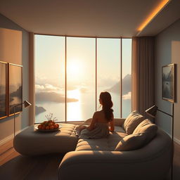 A modern, spacious living room with a panoramic window showcasing a breathtaking view of a lake with surrounding mountains and clouds