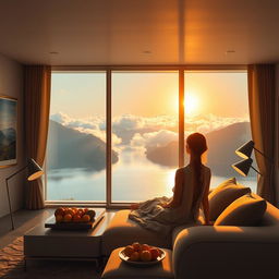 A modern, spacious living room with a panoramic window showcasing a breathtaking view of a lake with surrounding mountains and clouds