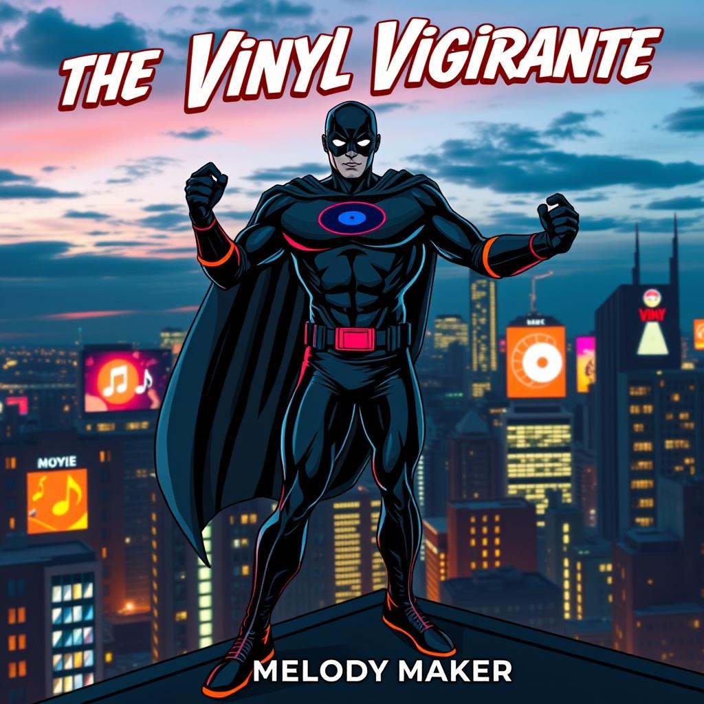 A superhero character known as 'The Vinyl Vigilante' standing heroically atop a city rooftop at dusk